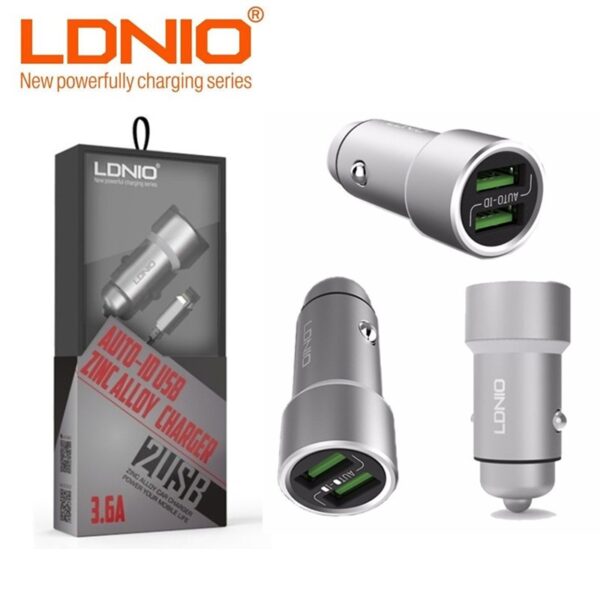 LDNIO C302 Chargeur de voiture à double port USB en alliage de zinc 3,6 A avec câble de 1 m-hanoutdz