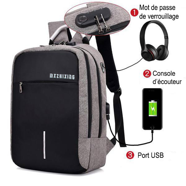 BANGE Sac à dos antivol avec port de charge USB, sac à dos d
