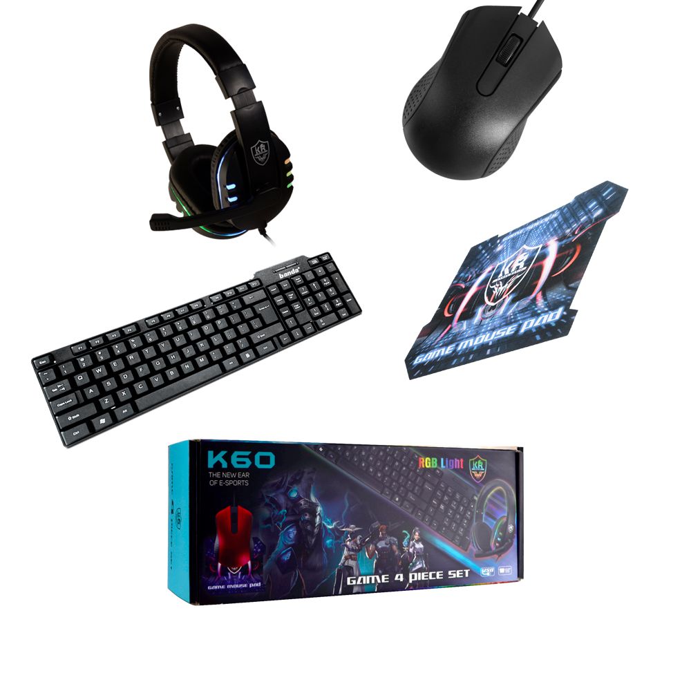 KIT pour gamer 4 en 1 clavier souris tapis et casque RGB k 60