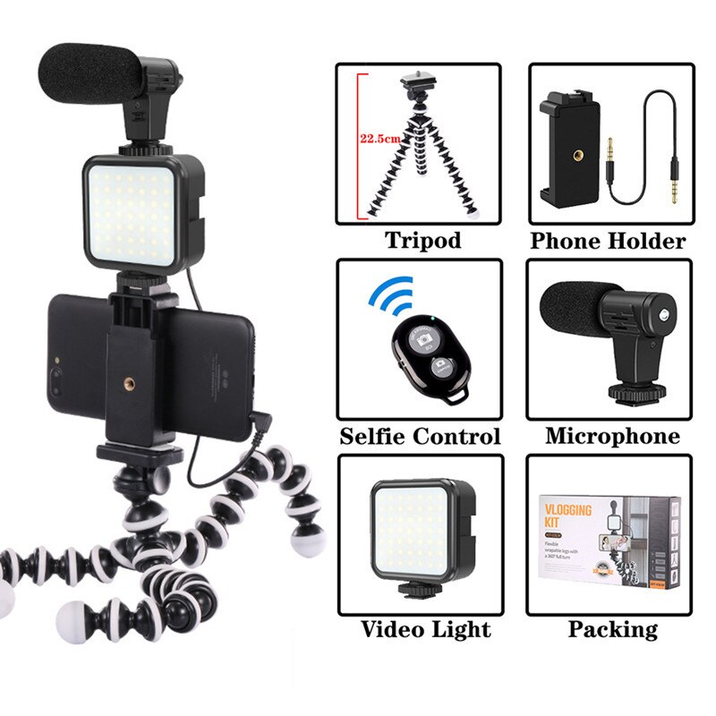 Kit de Studio pour Smartphone, appareil photo, vlog, photographie avec  Microphone, lumière de remplissage LED, Mini trépied